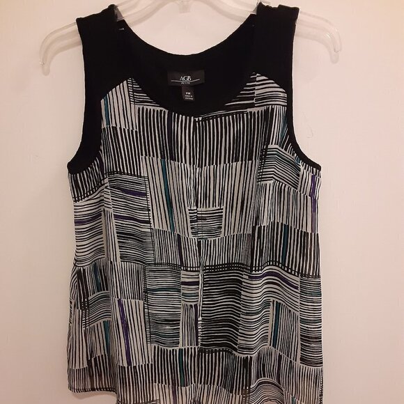 AGB (PM) Black/White/Green Stripes Topw/Scoop Neck, Slit in Front/Pleat in Back. - Picture 1 of 4